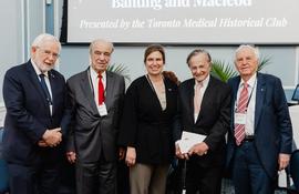 Among the distinguished guests greeted on behalf of Toronto Medical Historical Club by Dr John Dirks (far right) at the Nobel Centenary Dinner in Toronto, 27 Nov 2023 were, from the left: Dr Arthur McDonald (Canadian Nobel Laureate in Physics, 2015), Professor Erling Norrby (Nobel medical historian, Stockholm), Her Excellency Signe Burgstaller (Swedish Ambassador to Canada), John Polyani (University of Toronto Nobel Laureate in Chemistry, 1861