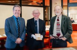 LtoR: Grant Maltman, (Curator Banting House
Museum, London, Ontario), Dr Ken McHardy,
(Retired Diabetologist, Aberdeen) and Professor
James Wright (Retired Professor of Pathology,
University of Calgary and Insulin Historian) with
Banting's Nobel Medal at an exhibition of insulin
documents and memorabilia in Thomas Fisher
Rare Books Library, University of Toronto on 27
Nov, 2023.